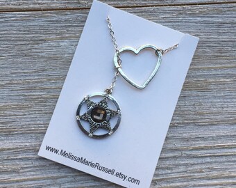 SALE - Sheriff Badge and heart silver lariat necklace, handmade jewelry, birthday, christmas, gifts for her, sale, mom