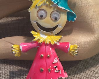 Vintage LG Scarecrow Google Eyed Enamel Brooch- rare 1960's Lind Gal brooch
