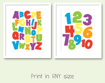 alphabet numbers print digital download printable playroom wall art set colorful kids room wall decor primary rainbow colors 123 abc pdf jpg