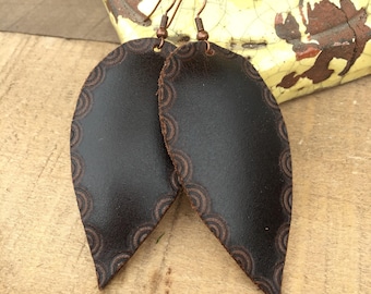 Deep brown leather leaf earring