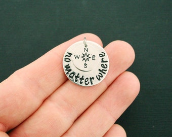 Compass Charm Antique Silver Tone Copper Base - No Matter Where - 2 Piece Charm With Jump Ring - SC6527