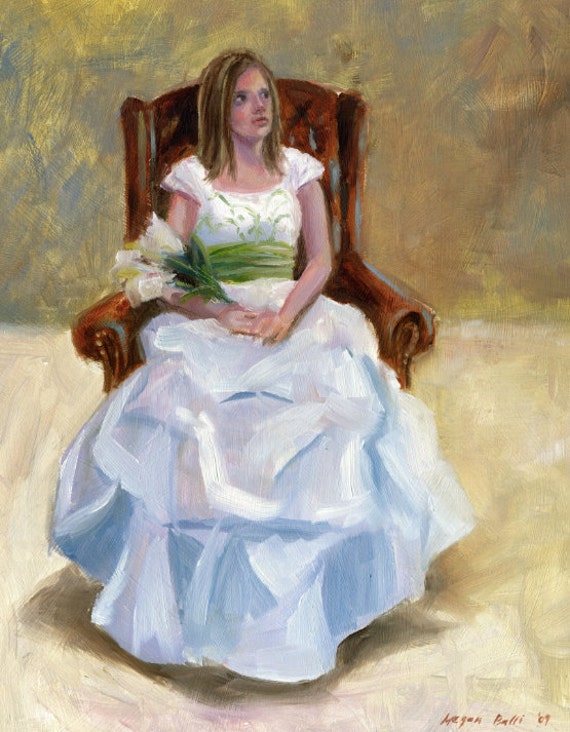 Items similar to Original Oil Painting of Girl in Dress "Waiting