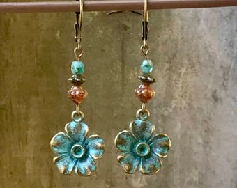 Flower Earrings, Bronze Earrings, Patina Earrings, Turquoise Earrings, Boho Earrings, Rustic Earrings, Nature Earrings, Earthy Earrings