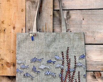 Tote bag in natural linen lined and illustrated "fish tiles"