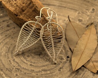 Silver leaf earrings, dangle earrings, wire wrapped leaf earrings, silver leaves earrings, gift for her