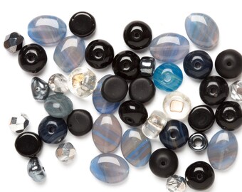 Czech Glass Bead Mix, Black, blue, Grey Bead Mix, Beads, Glass Beads, Beading supply