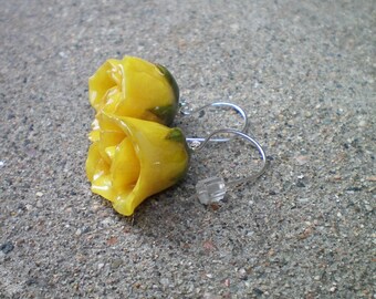 Free Shipping REAL Yellow ROSE BUD Sterling Silver Dangle French Hook Earrings