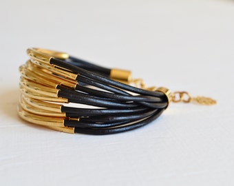 Black Leather Bracelet - Leather Cuff with Gold Tube Beads - Multi Strand Bangle Women's Bracelet ... by B A L O O S