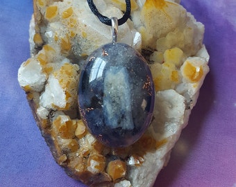 Reiki infused one of a kind blue kyanite, iolite, mica, black tourmaline quartz crystal, selenite, and copper resin pendant w/ necklace cord