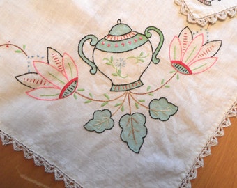 Embroidered floral vase linen tablecloth & napkins / tea set / card table linen