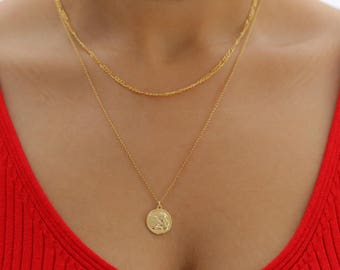 Angel Medallion Necklace - Angel Necklace - Medallion Necklace - Coin Necklace Gold - Layering Necklace - Gold Necklace - Christmas Gift