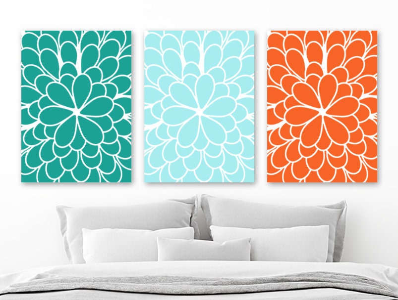 Teal Orange Flower WALL Art CANVAS or Print Teal Orange Aqua