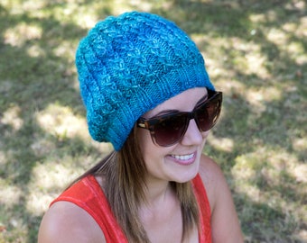 Blue Slouchy Knit Hat - Colorful Ocean Blue Vegan Hat - Boho Hat - Hipster Hat - Hippie Hat - Womens Tam - Mens Beanie - Unisex Hat