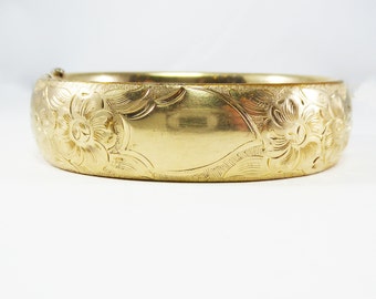 Antique Victorian GF Hinged Bangle Bracelet Signed FMCO Gold Filled Embossed Flower Garden Hinged Bangle Etched Flowers Vintage 1900s 1910s