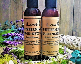 PEPPERMINT+SAGE+NETTLE-Herbal Shampoo Conditioner-Promote Hair Growth-Thinning Hair-AntiDandruff-Oily Hair-Organic-Vegan- 8oz -iLove!byCindy
