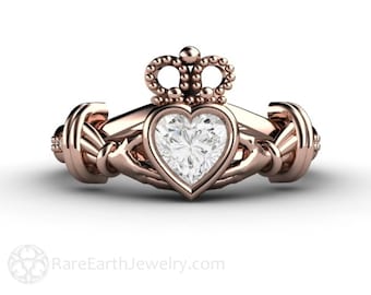 Diamond Claddagh Ring Irish Engagement Ring Promise Ring 14K White Yellow or Rose Gold Palladium
