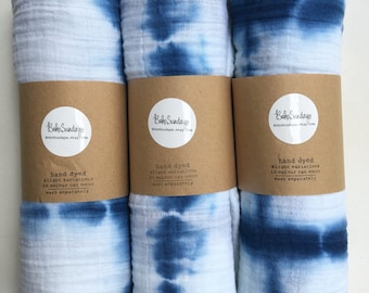 Indigo Blue Shibori Muslin Baby Wrap, Swaddle, Blanket, Beach Wrap