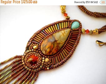 SALE 15% OFF Bead Embroidery Necklace Gold - orange Bead Embroidered picasso jasper - Made to Order