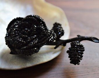 Vintage Victorian Gothic Style Beaded Black Rose Mourning Jewelry Brooch