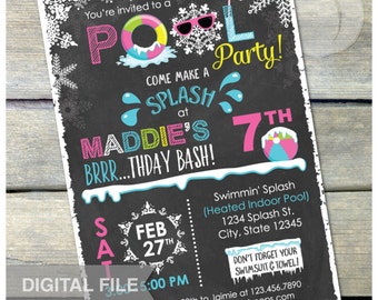 Pink Winter Pool Birthday Party Chalkboard Invitation Snow Indoor Pool Party - DIGITAL Printable Invite - 5” x 7”