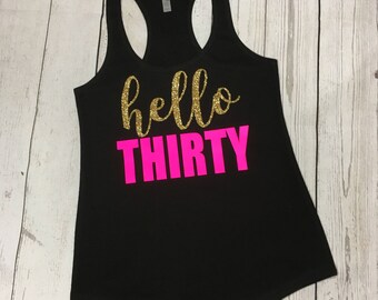 Hello Thirty Glitter Terry Racerback Tank Top