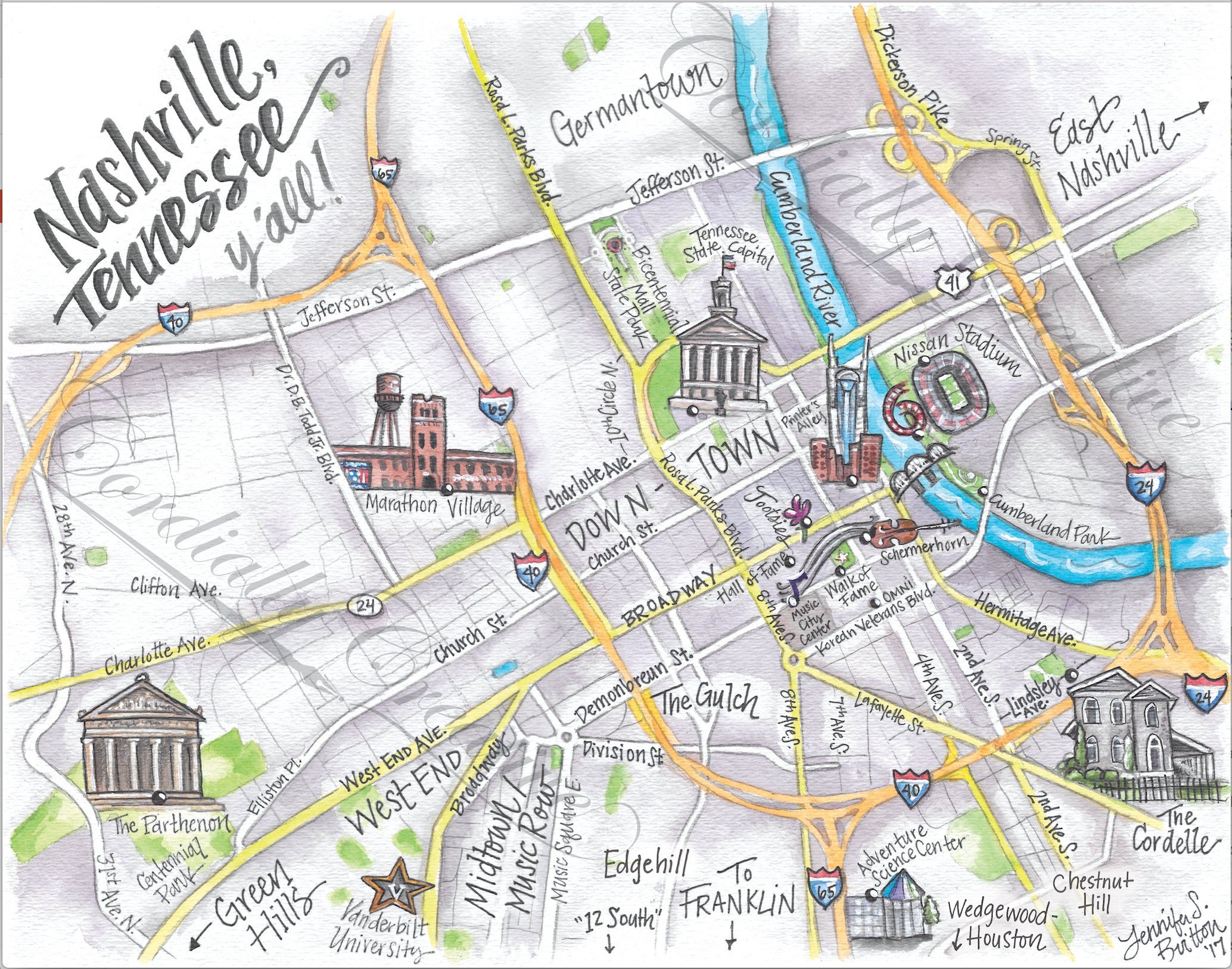 ðzoom. Downtown Nashville Map Watercolor Illustration Print X ðzoom. downtown nashville map watercolor illustration print x