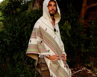 White Poncho with Hood Cashmere Wool, Earthy Tribal Pattern Festival Gypsy AJJAYA Mens Wear Boho Bohemian Primitive Nomadic Mexican pockets