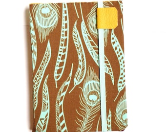 Kindle Paperwhite cover - Simple Feathers - Kindle Touch, Basic - hardcover eReader - brown and aqua feather print