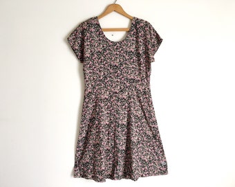 90s Floral Mini Dress Vintage Black Sun Dress Roses Boho Grunge Summer Bohemian Revival Short Sleeve Mini Festival Floral Midi Pink Roses
