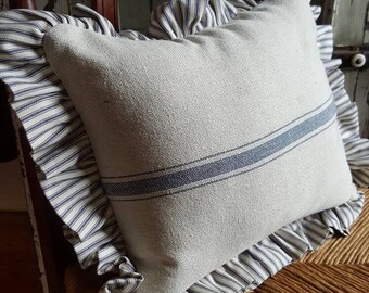 3 Blue Stripe Grain Sack Fabric w/Ticking Ruffle