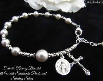 Catholic Rosary Bracelet with White Swarovski Pearl and Sterling Silver