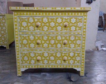 floral design bone inlay 3 drawer mustard color cabinet # chest # dresser