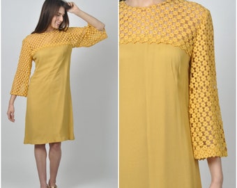 1960s Canary Yellow Chiffon and Floral Lace Shift dress | vintage 1960s dress | yellow chiffon floral lace 60s shift dress