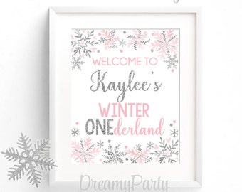 Winter Onederland Welcome Sign, Pink and Silver Welcome Sign, 1st Birthday Welcome Sign, Winter Onederland Party Decor, Digital File.WWS2