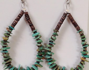Native American Santo Domingo Turquoise and Olive Shell Heishi Sterling Earrings - Jeanette Calabaza