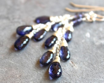 Cascade Iolite Earrings, Long Dangle Earrings, Faceted Blue Water Sapphire, Sterling Silver
