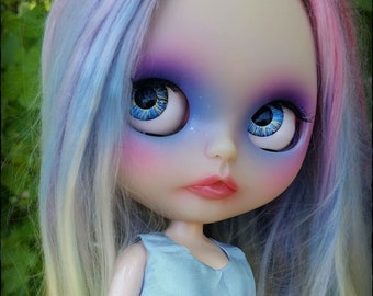 Sylvie, a Custom OOAK Translucent Blythe Doll by Sandra Coe (Custom #53) Art Doll 12" Figure, with Rainbow Pastel Alpaca Reroot