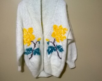 Vintage Cream Cardigan Sweater with Yellow Flowers
