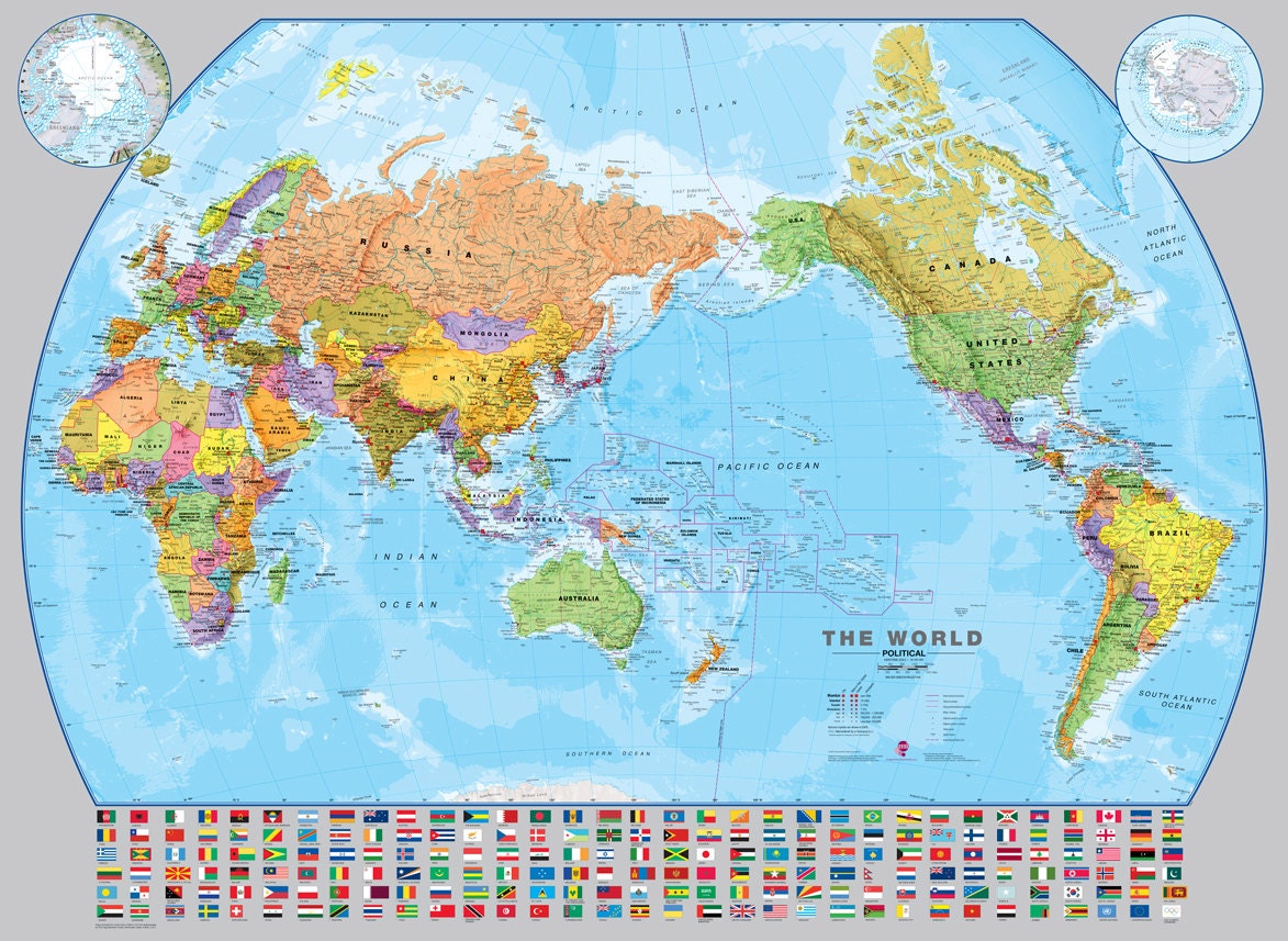 world pacific centered wall map fully laminated political