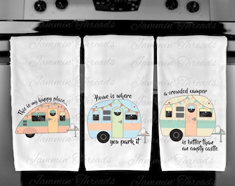 Happy Camper Kitchen Towels/Vintage Camper/Terrycloth Towels/Vintage Camping/Camping gift/RV/Motor Home/Motor Coach/Retirement gift/