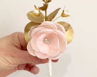 Blush gold men wedding pale pink boutonniere rustic boutonniere groomsmen accessory handmade golden eucalyptus button hole, hair flower