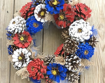 Pine Cone Wreath - wreath - Rustic Wreath - Pine Cone Zinnia - Painted Pine Cone - Patriotic Wreath - Painted Pine Cone - Door Wreath