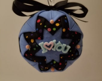 Blue and Black folded fabric handmade ornaments with I Love You decoration