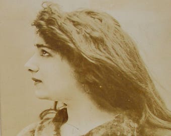 1900s French Postcard, Edwardian lady in profile, RPPC real photo, paper ephemera.