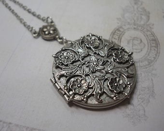 Silver Filigree LOCKET Rosary Style Connector Pendant Necklace Keepsake Gift Women's Embossed Metal Floral Locket Ornate Romantic Sterling