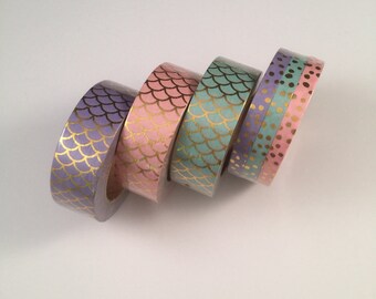 Pastel mermaid foil scales ; skinny foil dots set washi tape