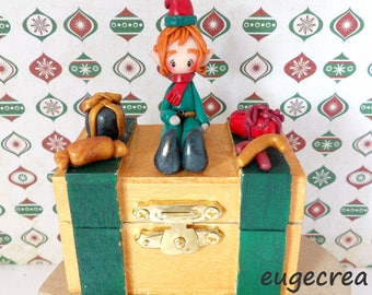 Green and gold box with polymer clay Christmas Elf