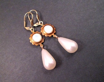 Pearl Drop Earrings, White Opalite Glass and Pearls, Brass Dangle Earrings, FREE Shipping U.S.