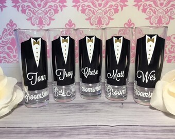 Personalized Shot Glasses with Tuxes, Groomsmen Wedding Glasses, will you be my groomsman, groomsman gifts, wedding party gifts