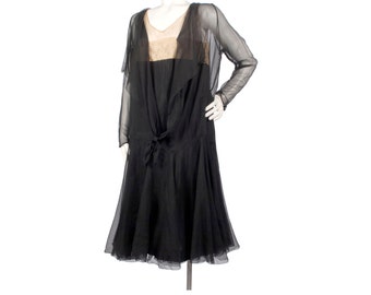 Vintage 20s Dress - 20s Silk Chiffon Dress - Black Silk Chiffon Dress - 20s Chiffon Dress - XL 20s Dress - XXL 20s Dress 20s Flapper Dress